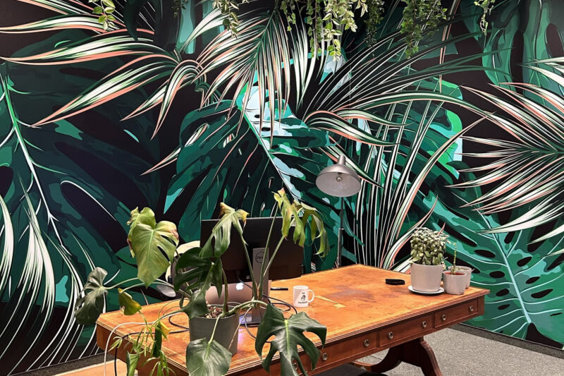 Open-plan coworking area with desks and a tropical bird mural on the back wall